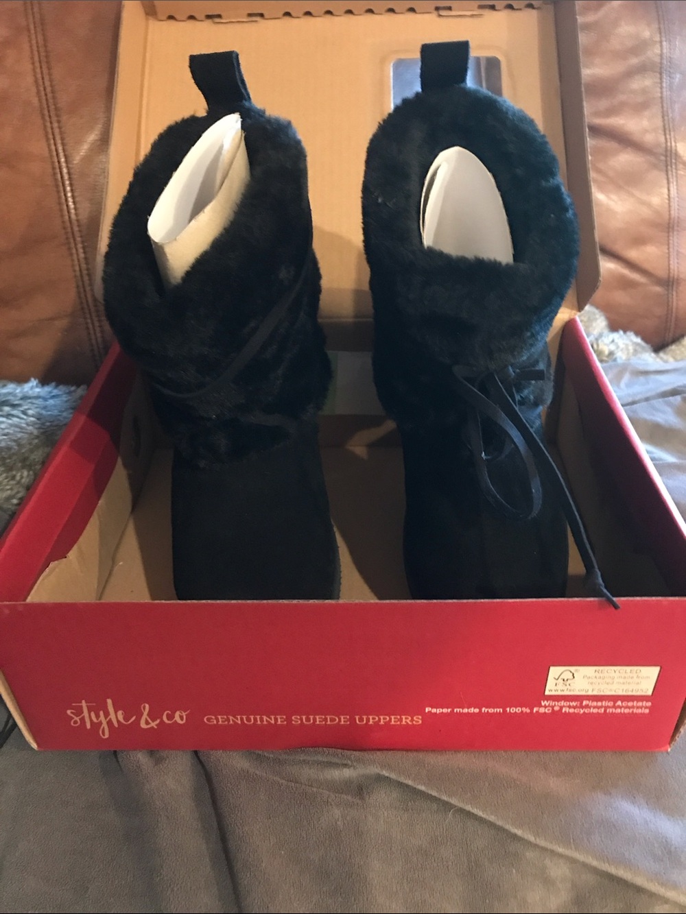 Style & Co. Black Faux Fur Cuff Ankle Booties 6M